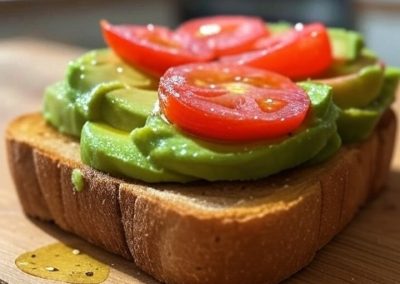 Golden toast with creamy green avocado and red tomato
