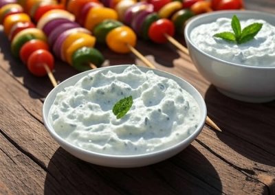 Golden skewers with colorful veggies next to creamy tzatziki.
