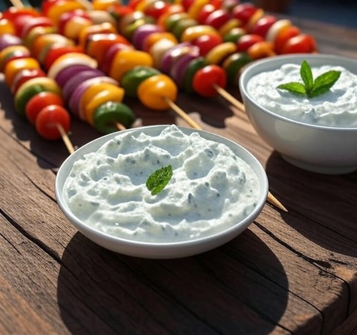 Golden skewers with colorful veggies next to creamy tzatziki.